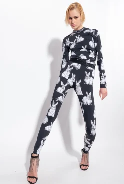 Tailleurs Et Ensembles|PINKO Top A Manches Longues A Lapins Noir/Gris/Blanc