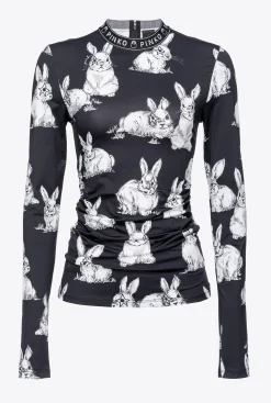 Tailleurs Et Ensembles|PINKO Top A Manches Longues A Lapins Noir/Gris/Blanc
