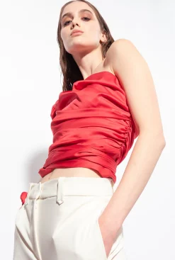 Tailleurs Et Ensembles|PINKO Top Asymetrique En Satin Rouge Chili