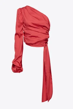 Tailleurs Et Ensembles|PINKO Top Asymetrique En Satin Rouge Chili