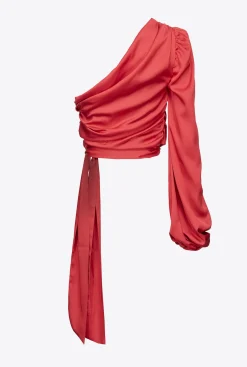 Tailleurs Et Ensembles|PINKO Top Asymetrique En Satin Rouge Chili