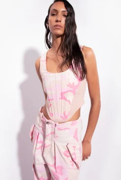 Tailleurs Et Ensembles|PINKO Top Bustier En Bull A Motif Camouflage Mult. Nude/Rose