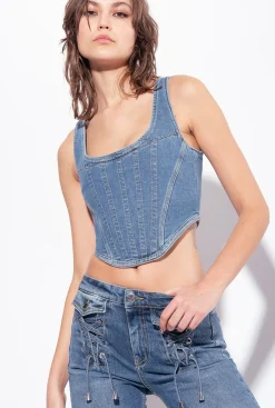 Topwear|PINKO Top Bustier En Denim Delavage Moyen Fonce