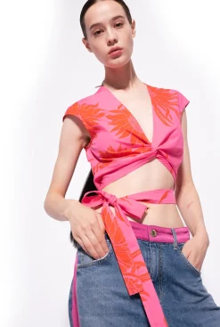 Topwear|PINKO Top Ceinture A Imprime Grande Fleur Rose/Rouge