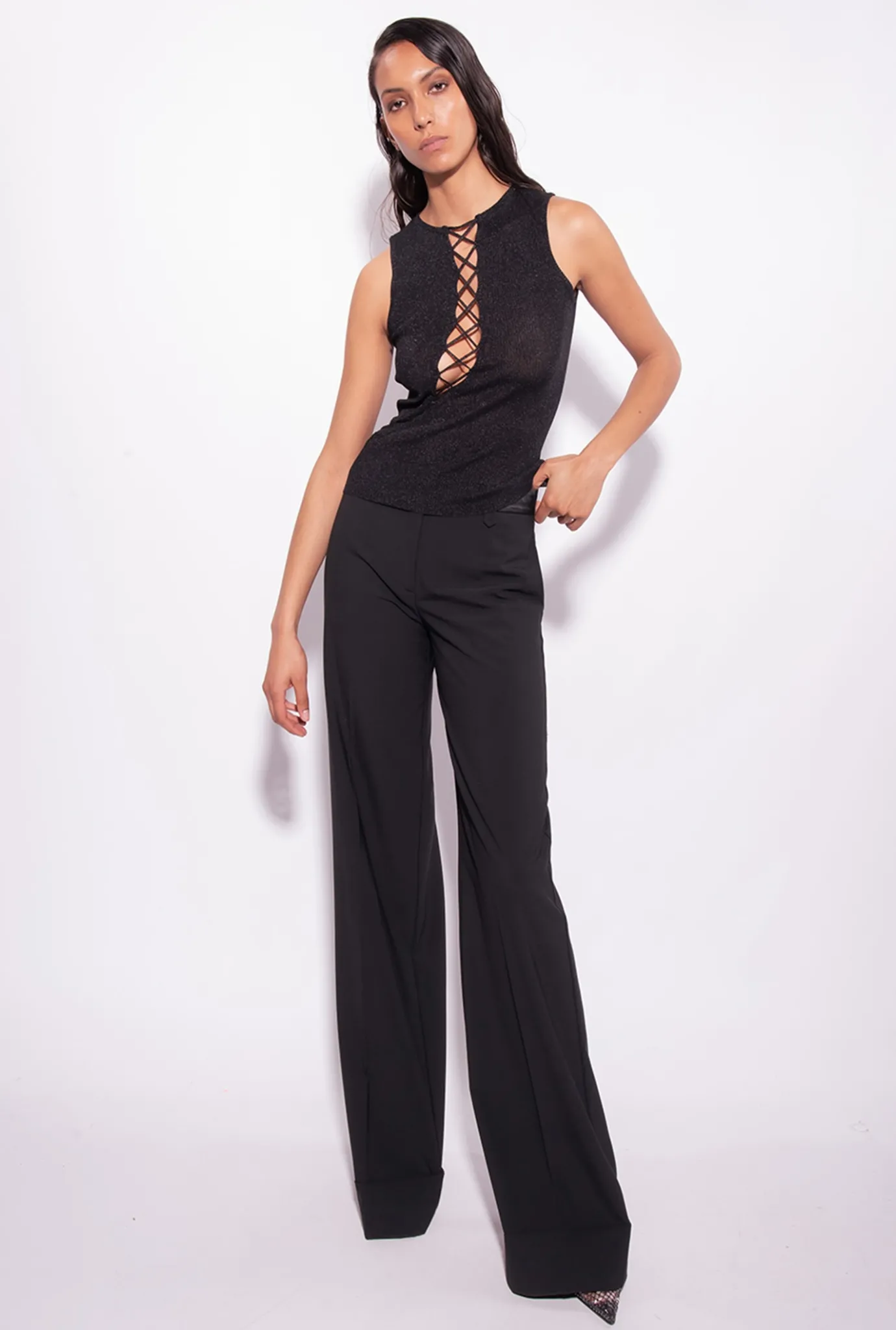 Pièces En Maille|PINKO Top Cotele A Lacets En Lurex Noir Limousine