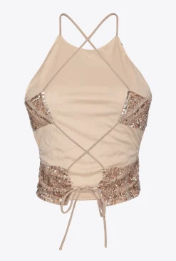 Topwear|PINKO Top Court Brode De Cristaux Multi. Nude/Argent/Or