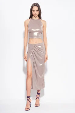 Topwear|PINKO Top Court En Jersey Lame Effet Mouille Beige Champignon