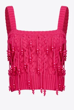 Topwear|PINKO Top En Maille A Perles Rouge Framboise