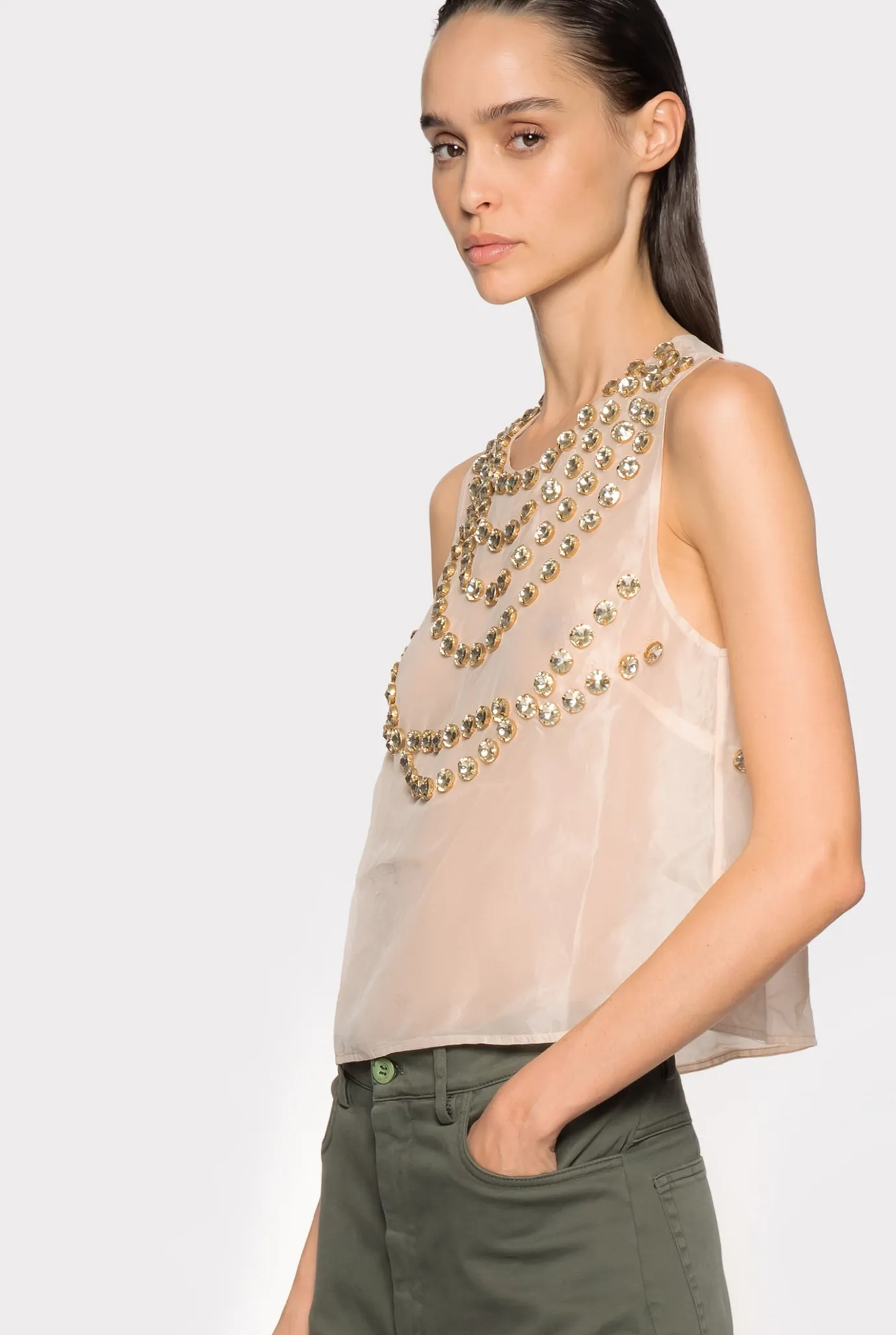 Topwear|PINKO Top En Mousseline A Broderie Brillante Nude/Or