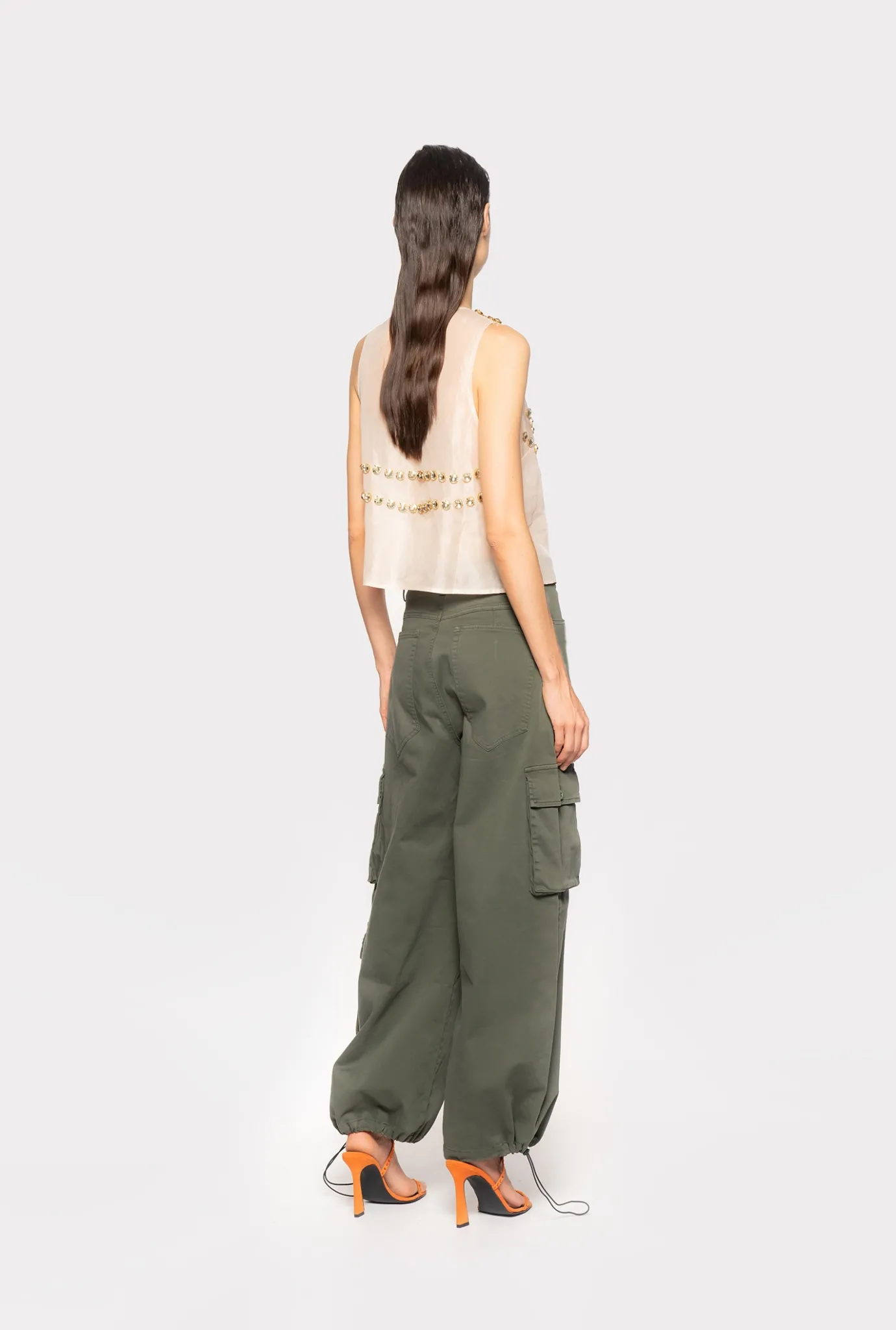 Topwear|PINKO Top En Mousseline A Broderie Brillante Nude/Or