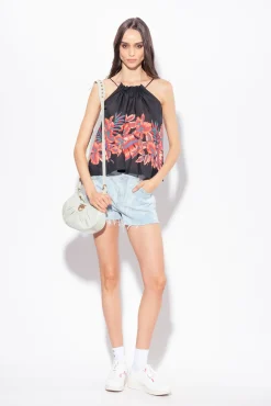 Topwear|PINKO Top En Mousseline A Imprime Tropical Multi. Noir/Rouge