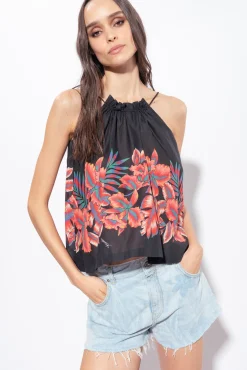 Topwear|PINKO Top En Mousseline A Imprime Tropical Multi. Noir/Rouge