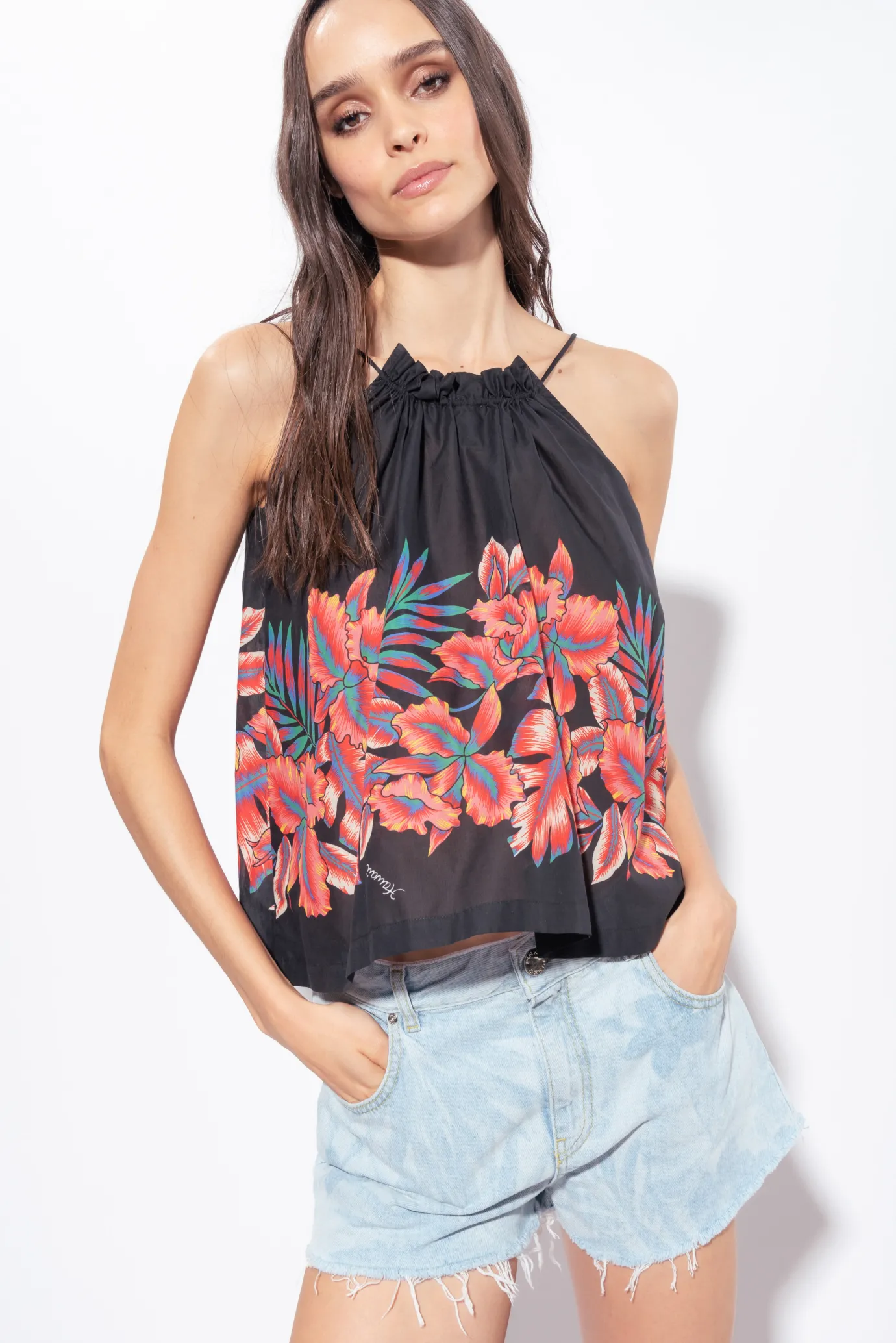Topwear|PINKO Top En Mousseline A Imprime Tropical Multi. Noir/Rouge