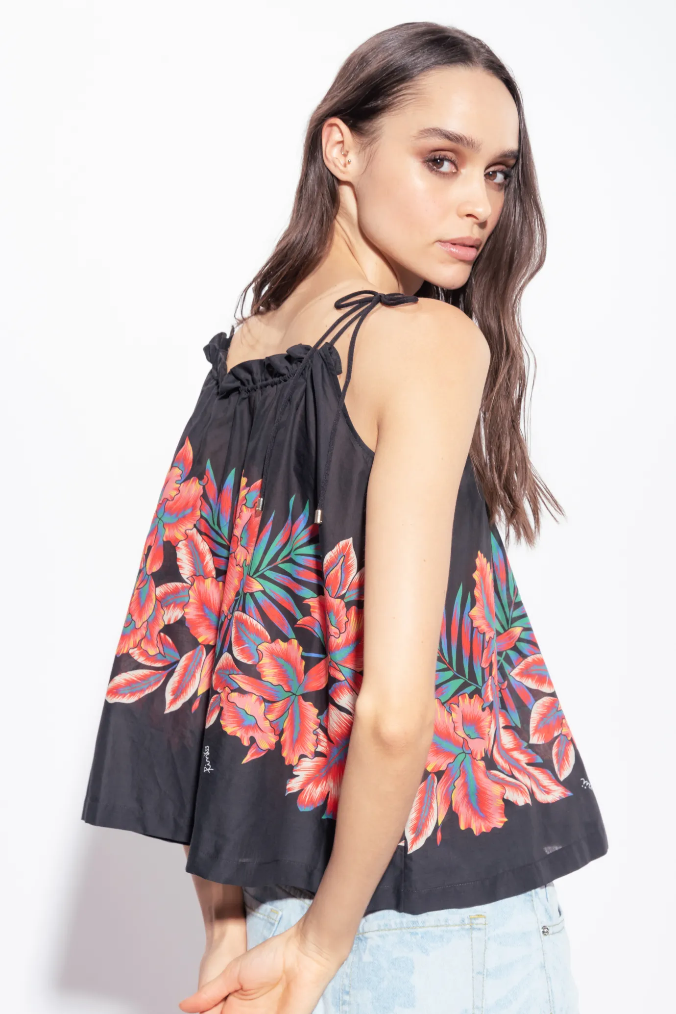 Topwear|PINKO Top En Mousseline A Imprime Tropical Multi. Noir/Rouge
