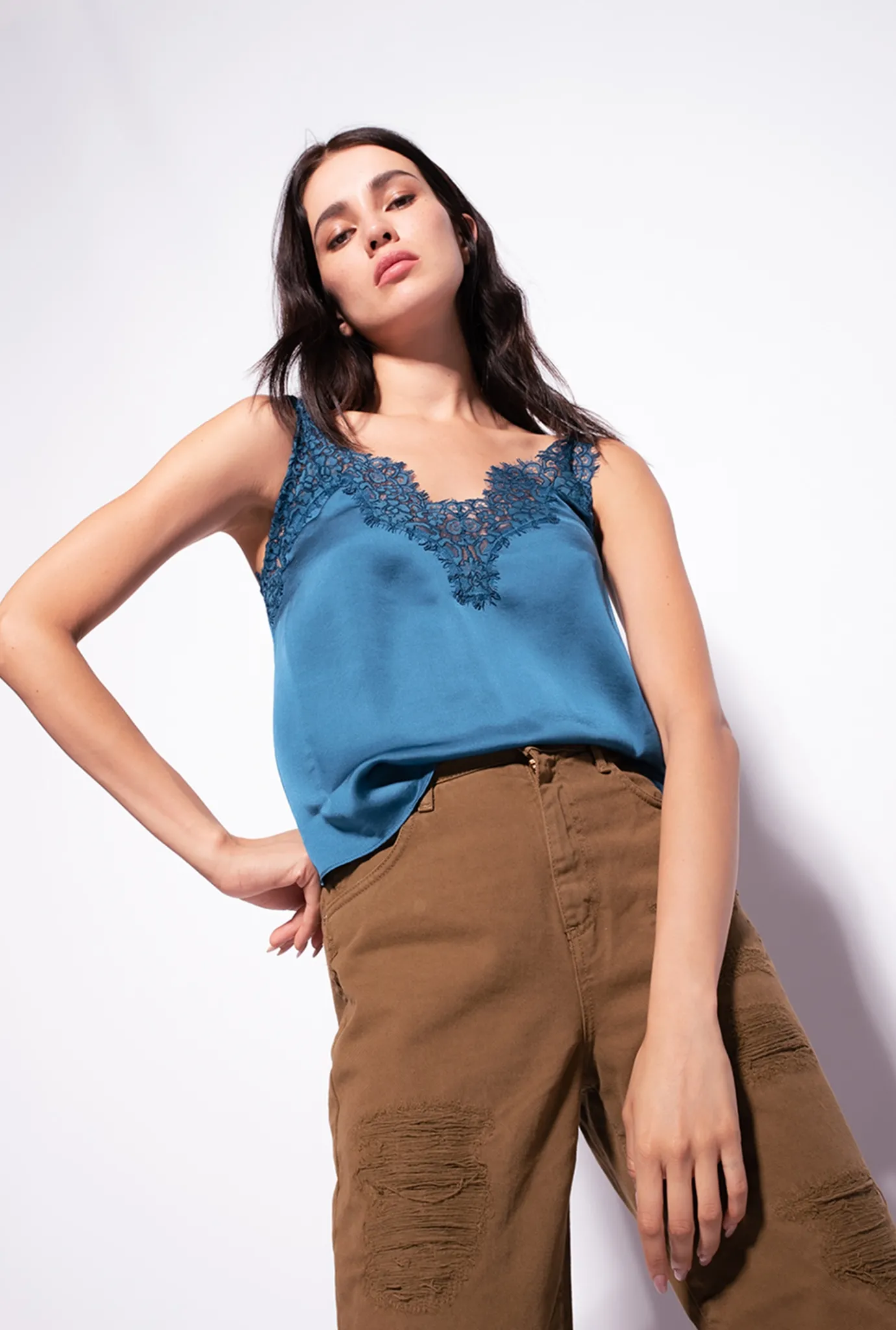 Topwear|PINKO Top En Satin Et Dentelle Bleu Marocain