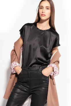 Chemises Et Blouses|PINKO Top En Satin Stretch Noir Limousine