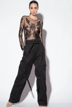 Topwear|PINKO Top En Tulle A Broderie Facon Tatouage Noir Limousine