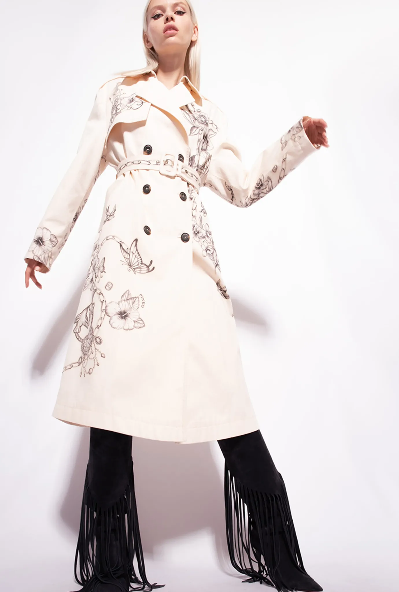 Vêtements D'extérieur|PINKO Trench A Imprime Tatouage Beurre/Noir