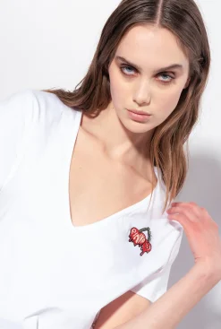 Topwear|PINKO T-Shirt A Broderie Cerises Blanc Brill.
