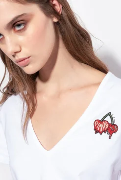 Topwear|PINKO T-Shirt A Broderie Cerises Blanc Brill.
