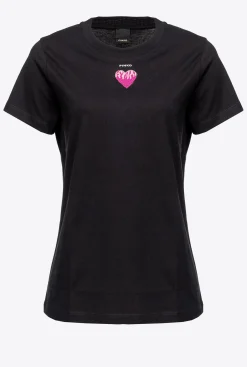 Topwear|PINKO T-Shirt A Broderie Coeur Noir Limousine
