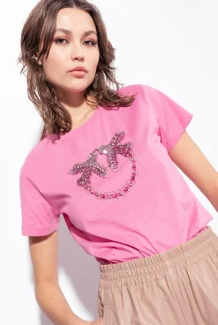 Topwear|PINKO T-Shirt A Broderie Love Birds Rose-Convolvus