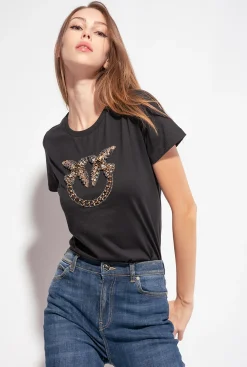 Topwear|PINKO T-Shirt A Broderie Love Birds Noir Limousine