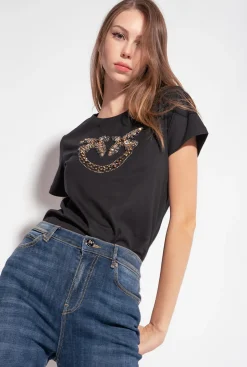 Topwear|PINKO T-Shirt A Broderie Love Birds Noir Limousine