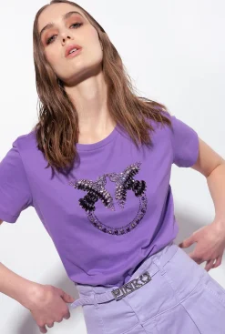 Tailleurs Et Ensembles|PINKO T-Shirt A Broderie Love Birds Lilas Lavande