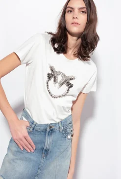 Topwear|PINKO T-Shirt A Broderie Love Birds Blanc Nimbus