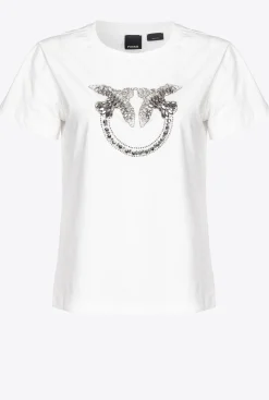Topwear|PINKO T-Shirt A Broderie Love Birds Blanc Nimbus