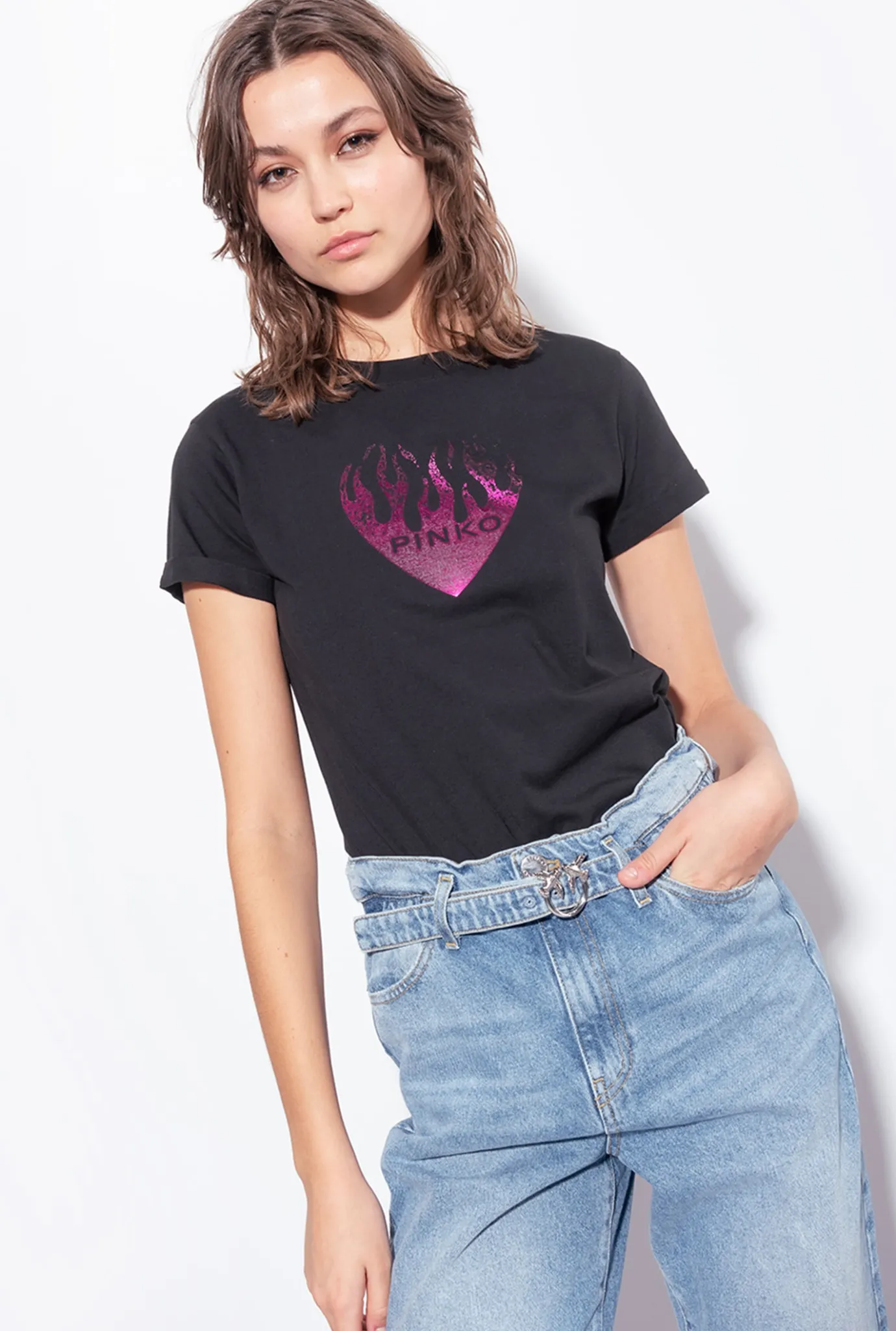 Topwear|PINKO T-Shirt A Imprime Coeur Noir Limousine