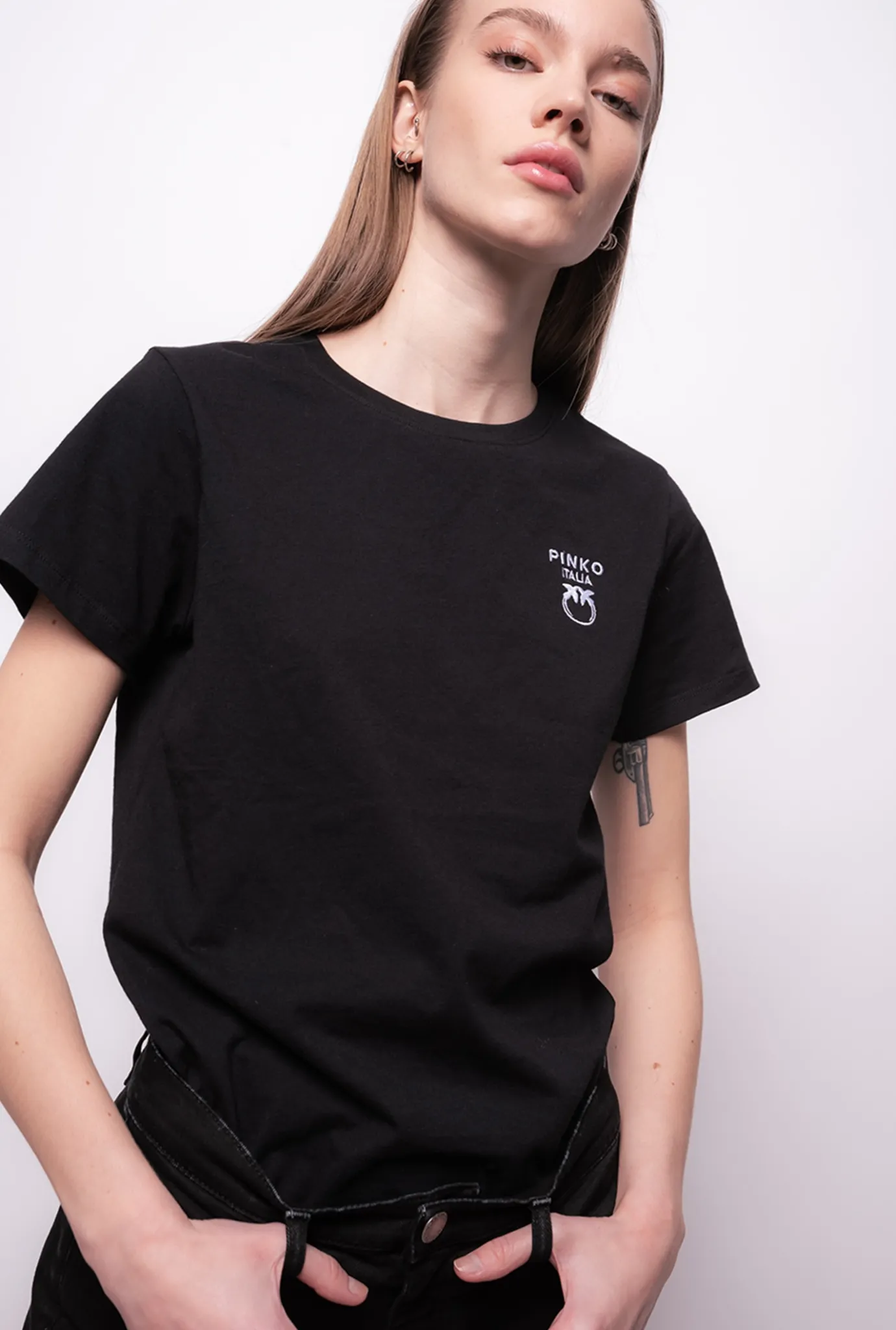 Topwear|PINKO T-Shirt A Mini Broderie Love Birds Noir Limousine