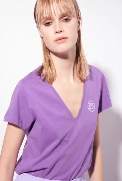 Topwear|PINKO T-Shirt Col V A Logo Lilas Lavande