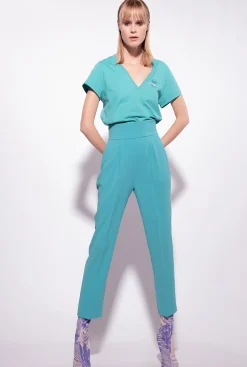 Topwear|PINKO T-Shirt Col V A Logo Bleu Ciel-Marine