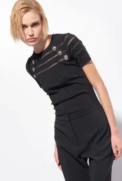 Pièces En Maille|PINKO T-Shirt Cotele A Details Transparents Noir Limousine