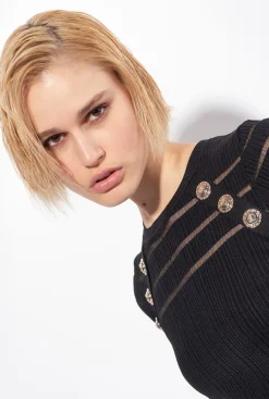 Pièces En Maille|PINKO T-Shirt Cotele A Details Transparents Noir Limousine