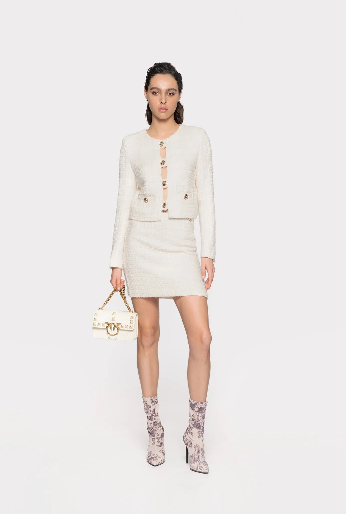 Tailleurs Et Ensembles|PINKO Veste Courte En Tweed Fantaisie Rose Fume Blanc