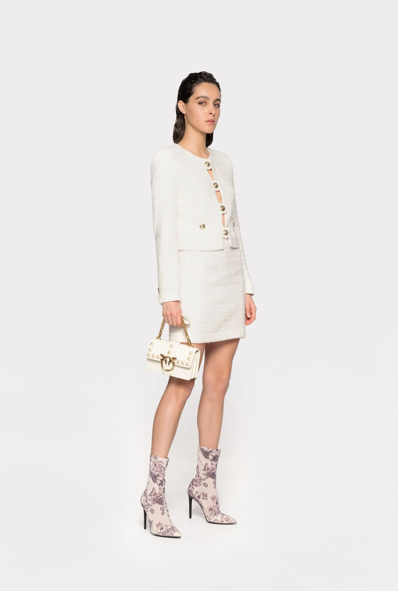 Tailleurs Et Ensembles|PINKO Veste Courte En Tweed Fantaisie Rose Fume Blanc