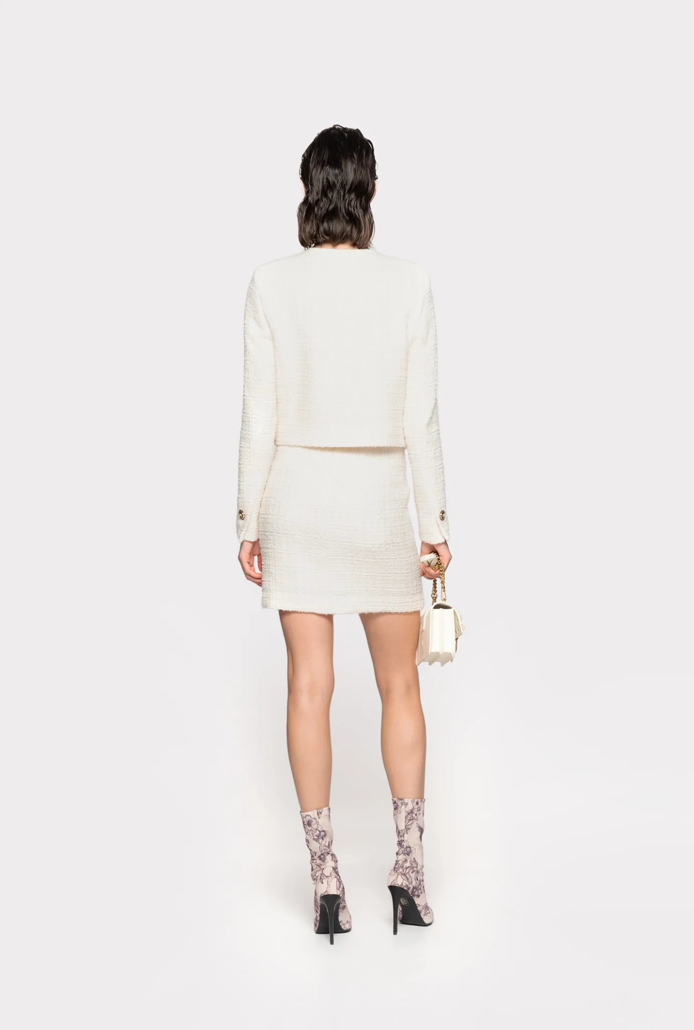 Tailleurs Et Ensembles|PINKO Veste Courte En Tweed Fantaisie Rose Fume Blanc