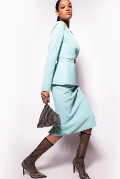 Tailleurs Et Ensembles|PINKO Veste Elegante A Fine Ceinture Bleu Nil